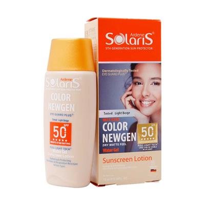 لوسیون آبی ضد آفتاب فاقد چربی spf50 کالر نیوژن رنگ بژ روشن سولاریس آردن 75 میلی لیتر