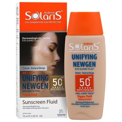 فلوئید ضد آفتاب و روشن کننده spf50 یونی فایینگ نیوژن رنگ بژ طبیعی سولاریس آردن 75 میلی لیتر