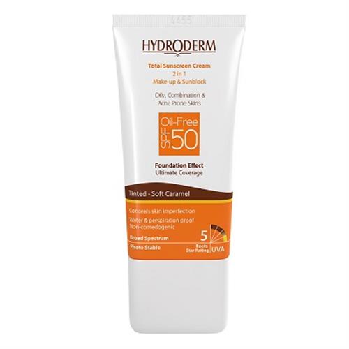 کرم ضد آفتاب کرم پودری رنگی کارملی SPF50 فاقد چربی هیدرودرم مناسب پوست چرب و دارای جوش 40 گرم
