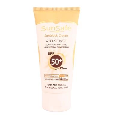کرم ضد آفتاب SPF 50 فاقد جاذب های شیمیایی بژ طبیعی سان سیف مناسب پوست حساس 50 گرم
