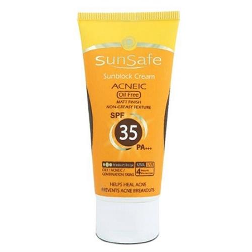 کرم ضد آفتاب بژ متوسط فاقد چربی SPF35 سان سیف مناسب پوست های چرب و دارای آکنه 50 گرم